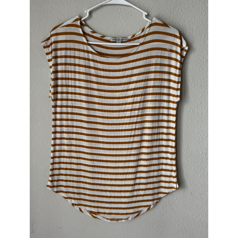 Green Envelope Los Angeles Mustard Yellow White Striped Short Sleeve Top Medium
